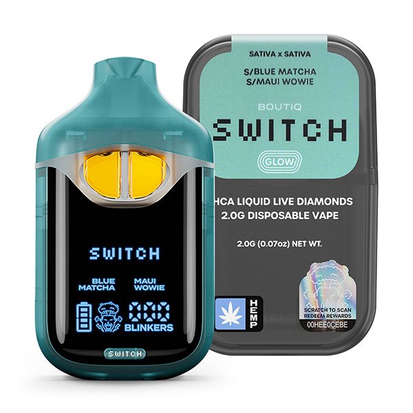 Boutiq glow dual chamber disposable in Blue Matcha and Maui Wowie, two sativas
