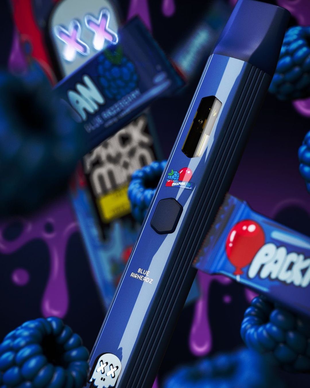 Packman Blue Airheads 2g disposable vape device with oil window and blue packaging