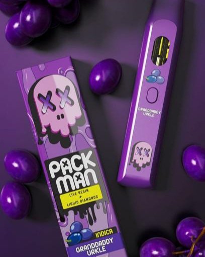 Packman Granddaddy Urkle 2g disposable indica vape with purple box marked indica