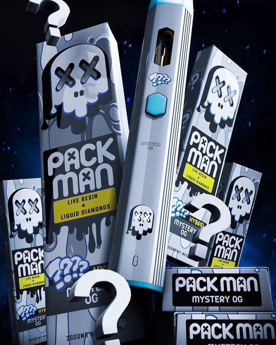 Packman Mystery OG 2g disposable hybrid vape with live resin and liquid diamonds packaging