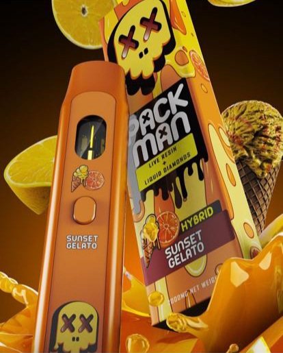 Packman Sunset Gelato 2g disposable vape with live resin and liquid diamonds packaging