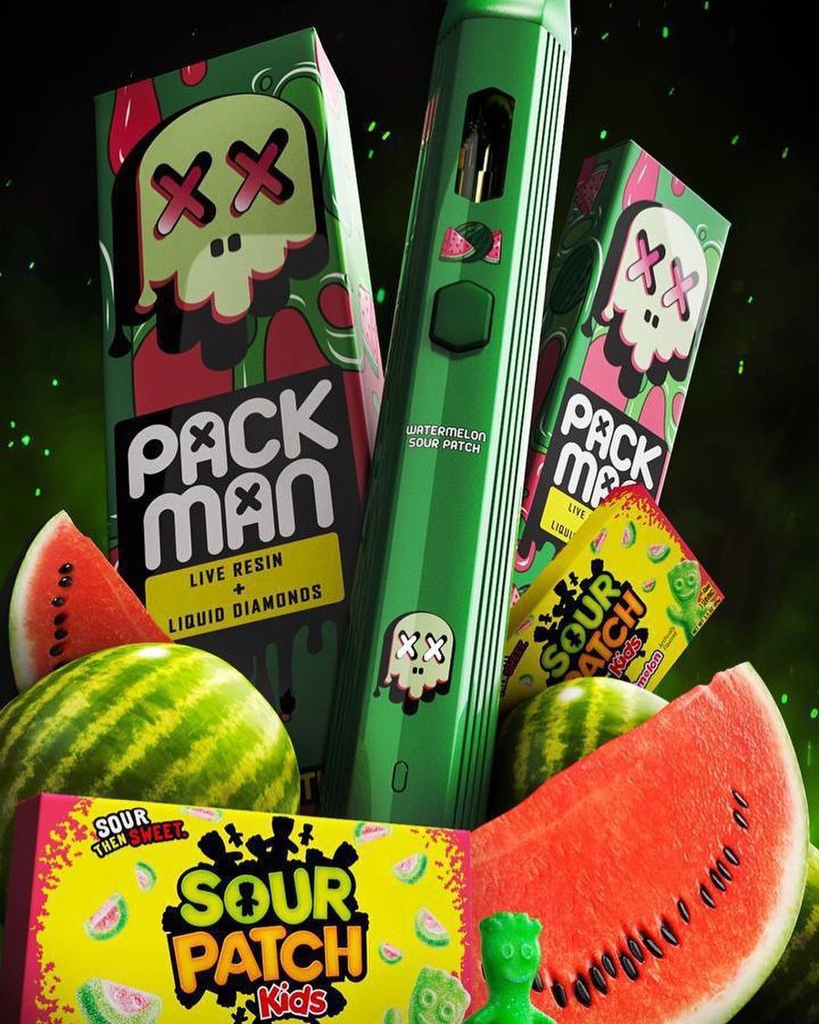 Packman Watermelon Sour Patch 2g disposable sativa vape with green device and retail boxes