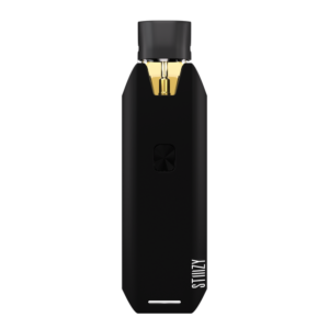 Stiiizy battery in black with a gold pod loaded, front view