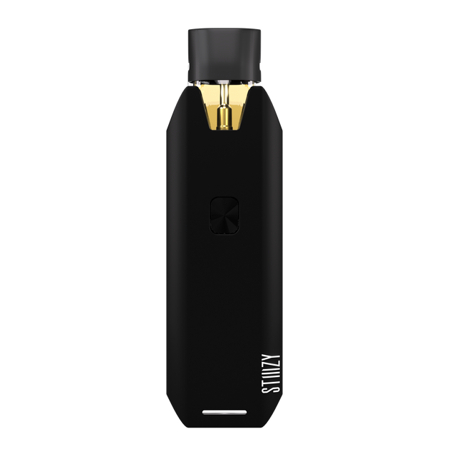 Stiiizy battery in black with a gold pod loaded, front view