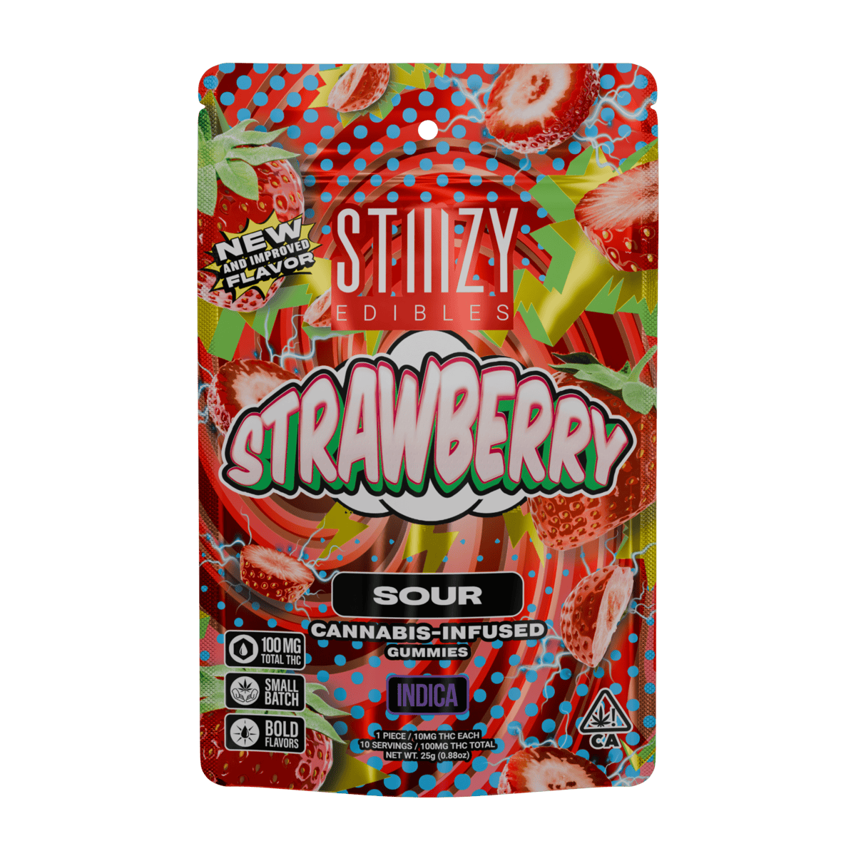 Stiiizy sour gummies in Strawberry, pre-portioned pack