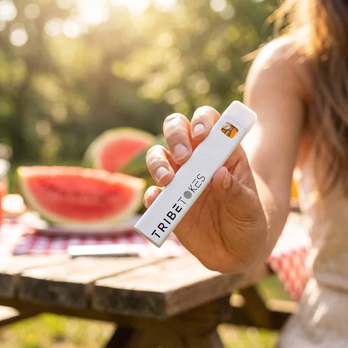 Hand hält einen TribeTokes THCa Einweg-Vape-Pen an einem Picknicktisch im Freien