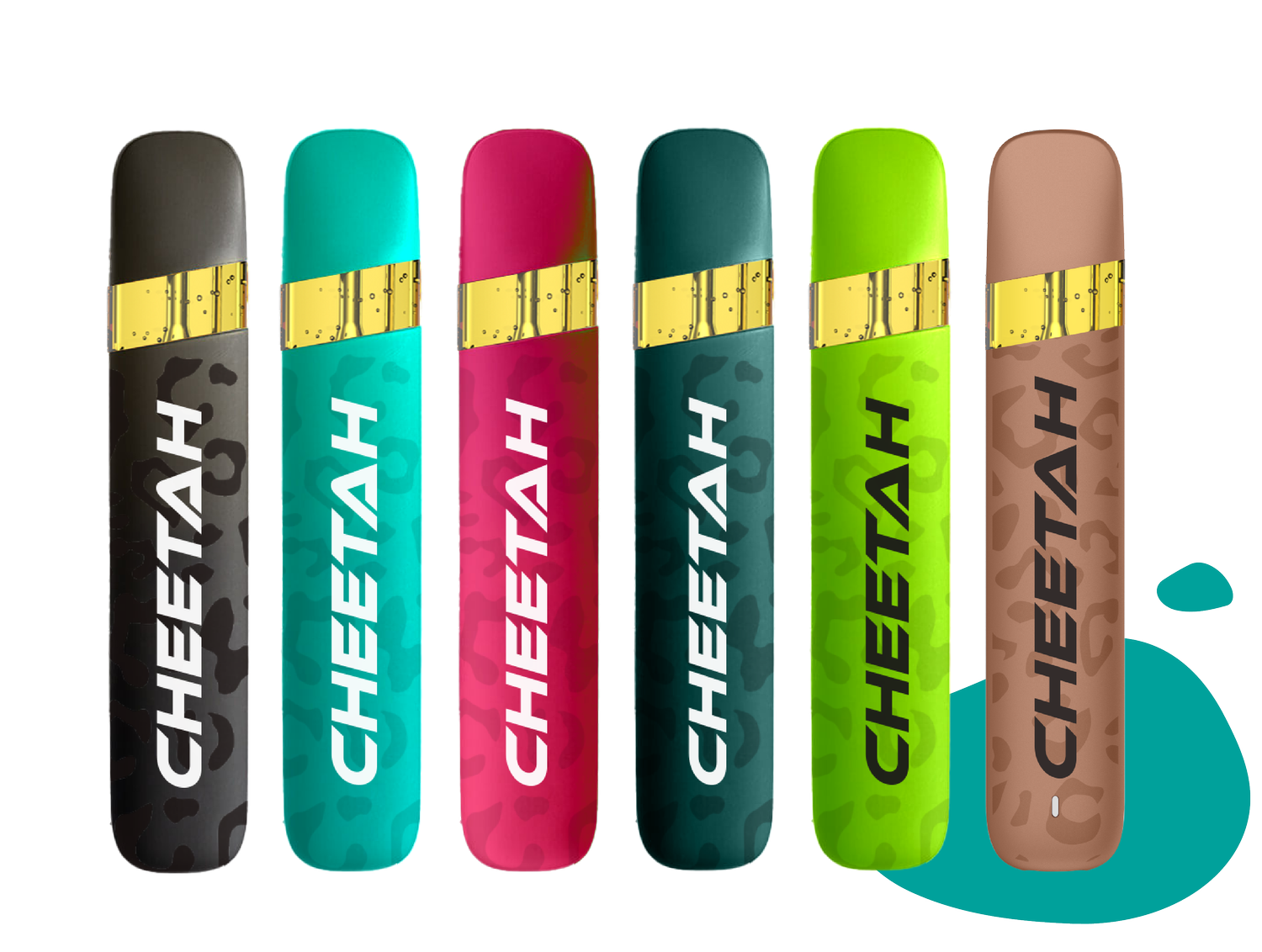 Six vapes jetables en résine vivante Cheetah 1G en noir, sarcelle, rose, vert, citron vert et beige
