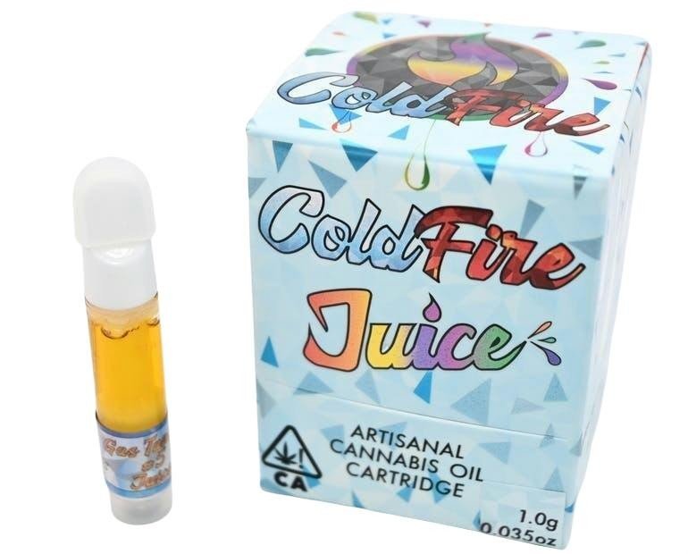 Cartouche d'huile de cannabis artisanale ColdFire Juice 1G à côté de sa boîte