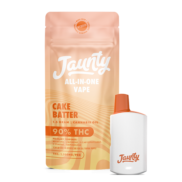 Vape todo en uno Jaunty Palm en Cake Batter con su bolsa