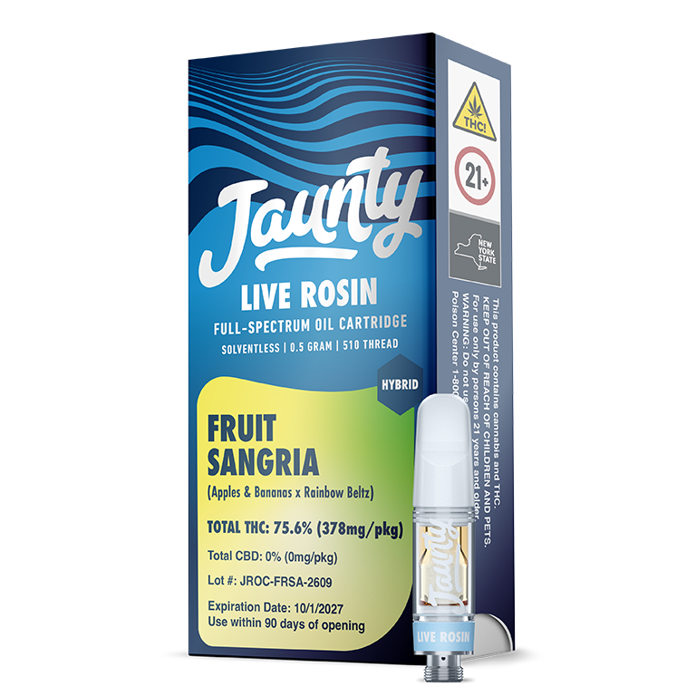 Cartucho Jaunty Live Rosin 0.5G en Fruit Sangria con su caja