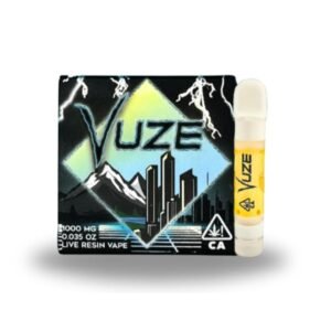 Cartouche de vape en résine vivante Vuze 1G à côté de sa boîte Skyline 1000 mg